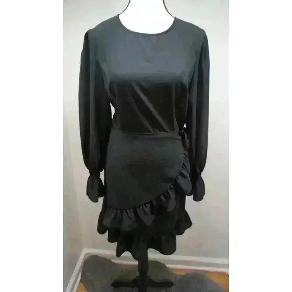WEEPINLEE Long Sleeve Round Neck Ruffles Wrap Dresses, Size M - Picture 4 of 16